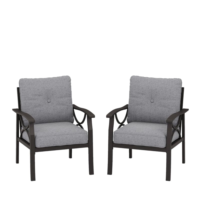 All-Weather Metal Armchairs - Khaki Frame with Gray Cushions (Set of 2)