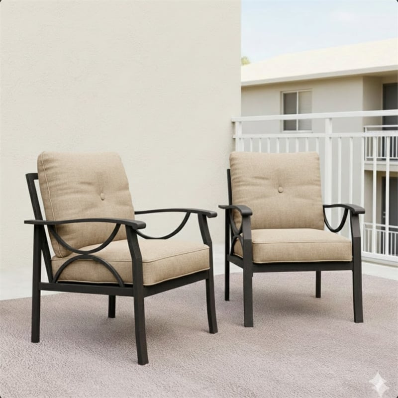 All-Weather Metal Armchairs - Khaki Frame with Beige Cushions (Set of 2)