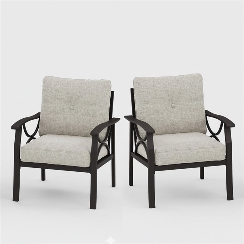 All-Weather Metal Armchairs - Khaki Frame with Beige Cushions (Set of 2)