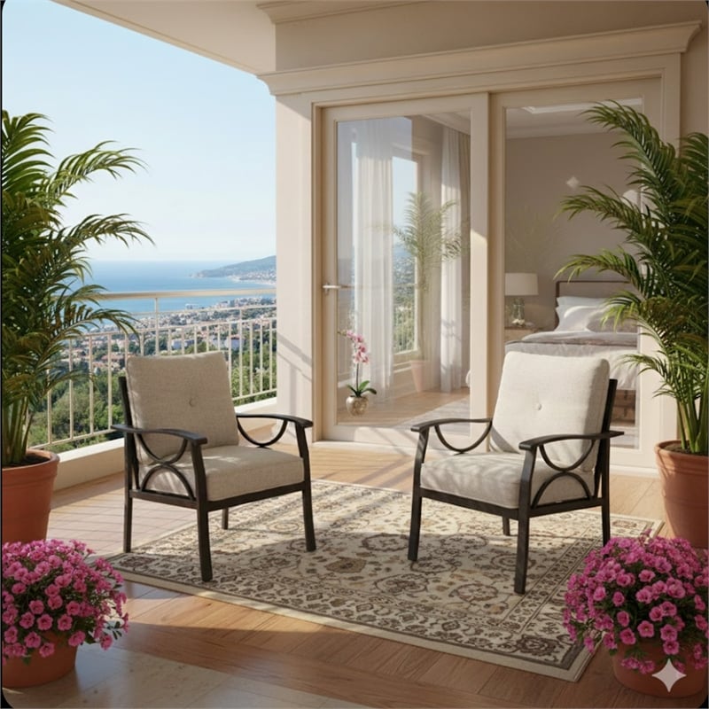 All-Weather Metal Armchairs - Khaki Frame with Beige Cushions (Set of 2)
