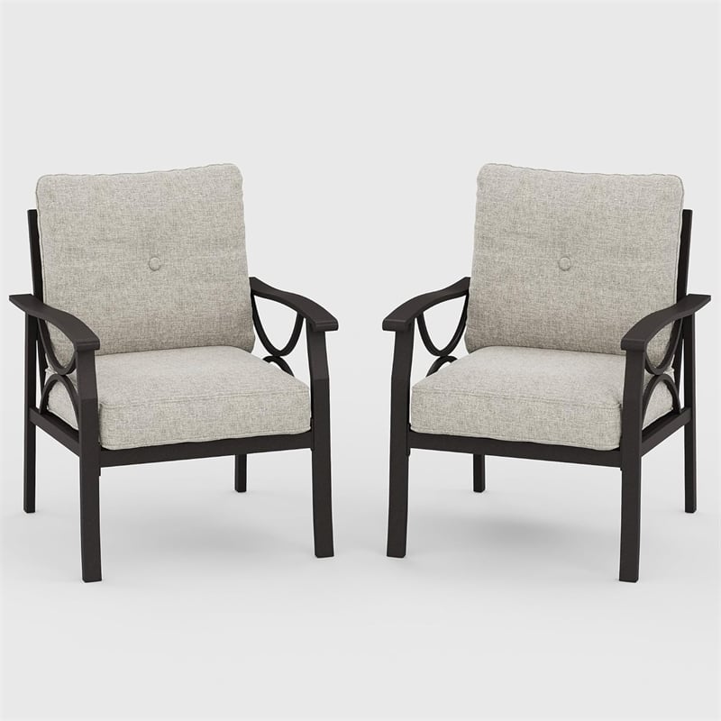 All-Weather Metal Armchairs - Khaki Frame with Beige Cushions (Set of 2)