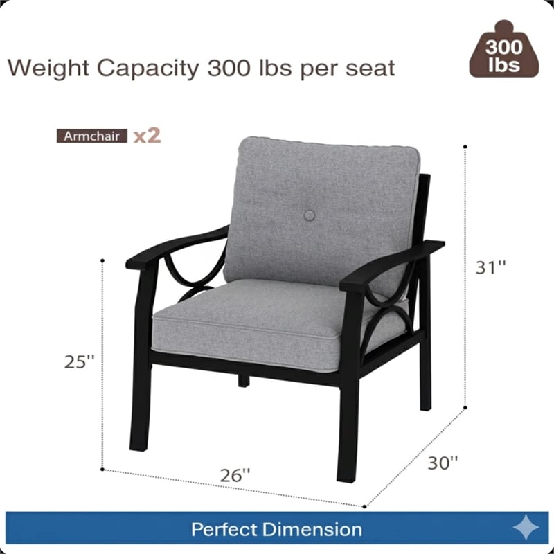 All-Weather Metal Armchairs - Black Frame with Gray Cushions (Set of 2)