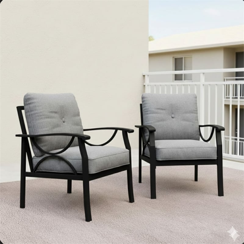 All-Weather Metal Armchairs - Black Frame with Gray Cushions (Set of 2)