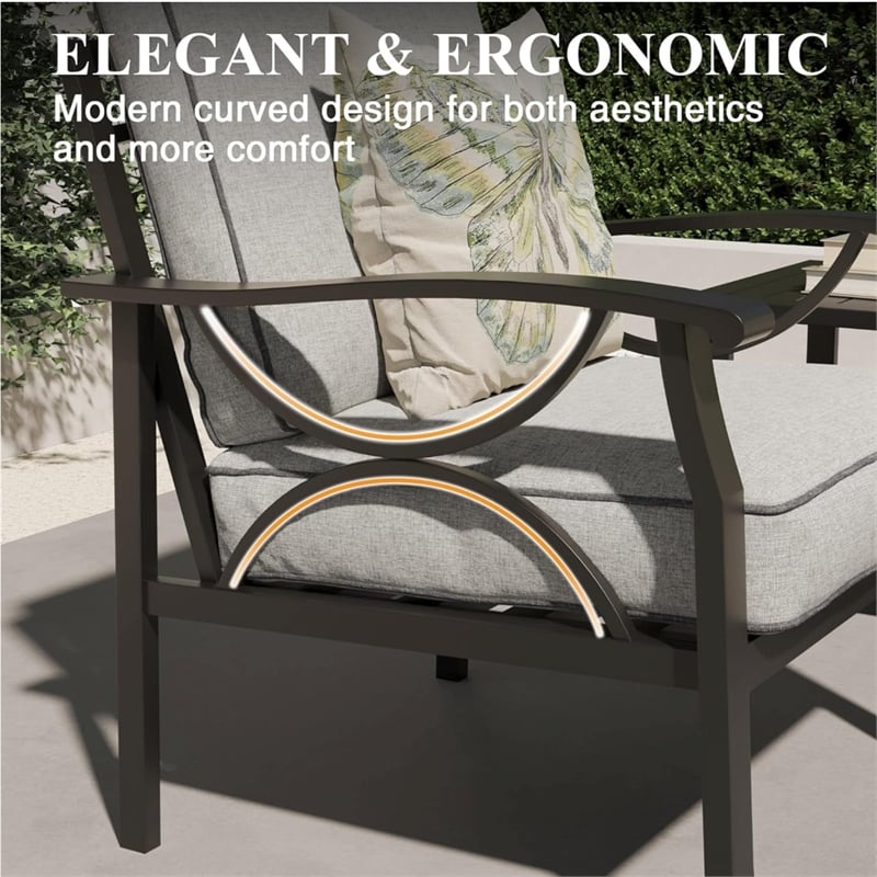 All-Weather Metal Armchairs - Black Frame with Gray Cushions (Set of 2)