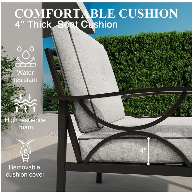 All-Weather Metal Armchairs - Black Frame with Gray Cushions (Set of 2)