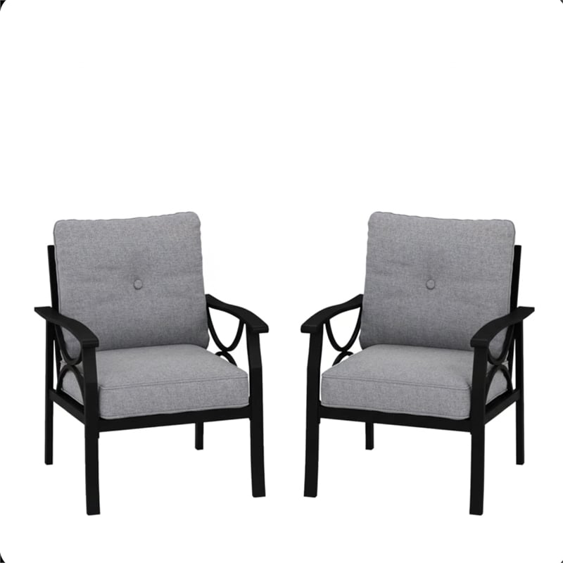 All-Weather Metal Armchairs - Black Frame with Gray Cushions (Set of 2)