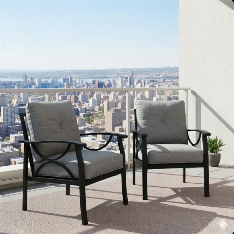 All-Weather Metal Armchairs - Black Frame with Gray Cushions (Set of 2)