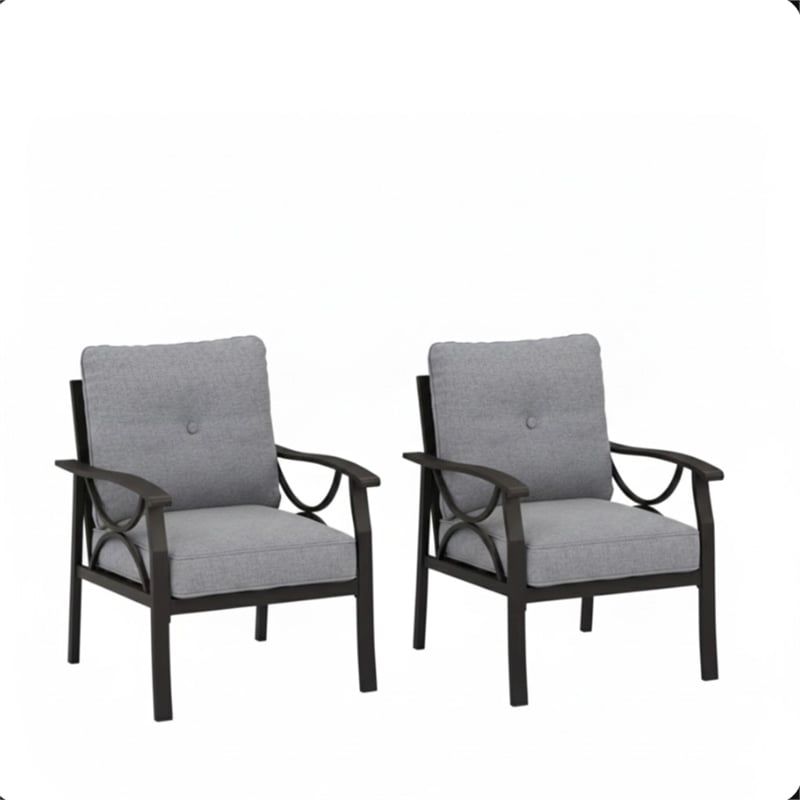 All-Weather Metal Armchairs - Black Frame with Gray Cushions (Set of 2)
