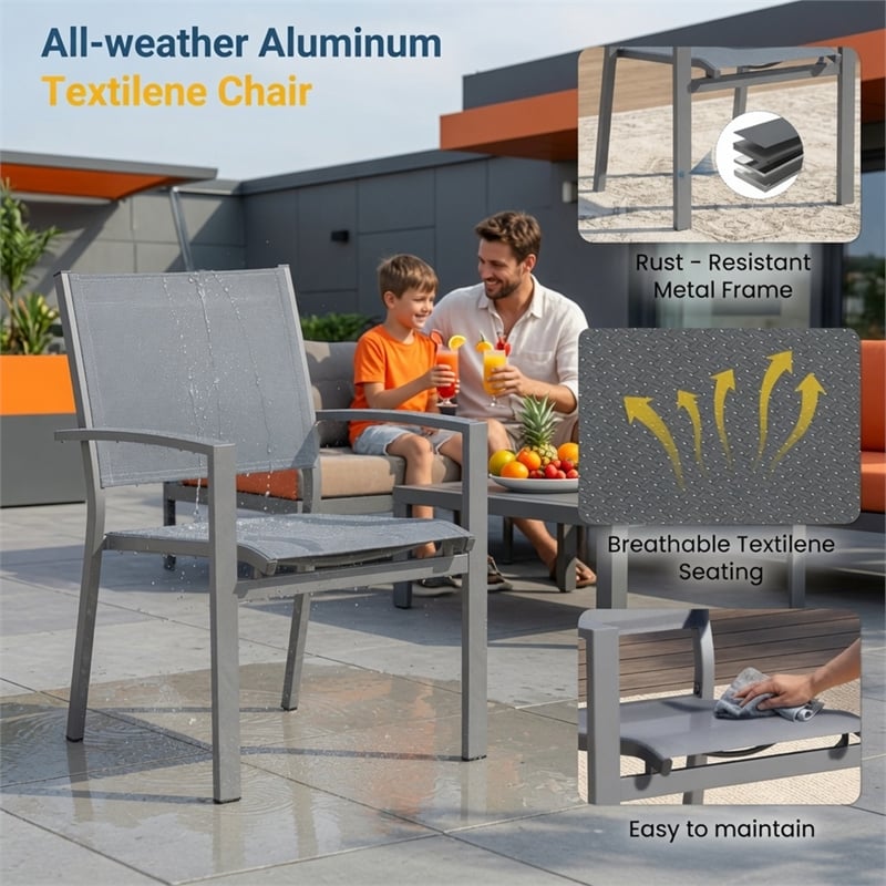 Grey Aluminum Outdoor Patio Chair - All Weather Textilene Patio (Set of 6)