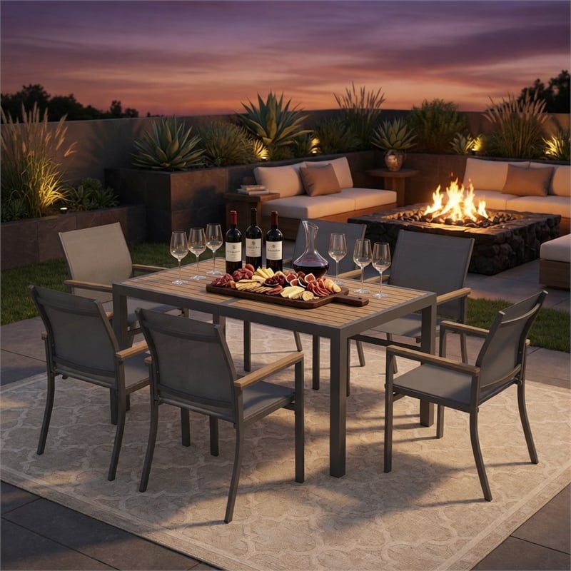 Grey Aluminum Outdoor Patio Chair - All Weather Textilene Patio (Set of 6)