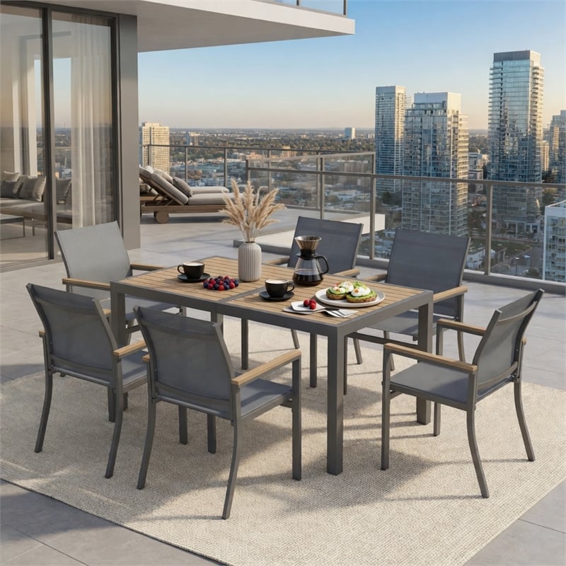 Grey Aluminum Outdoor Patio Chair - All Weather Textilene Patio (Set of 6)