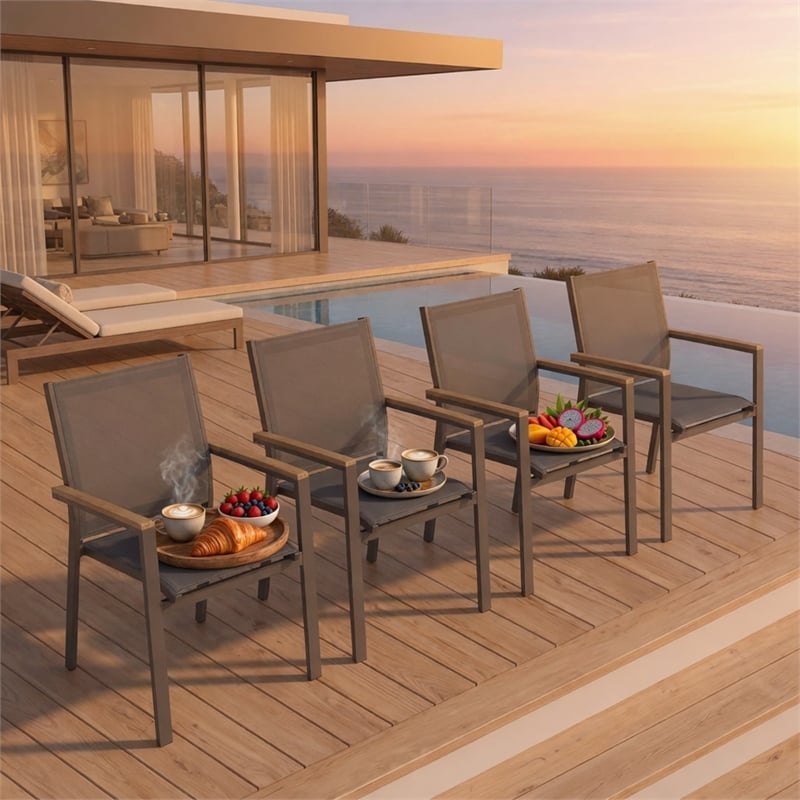 Grey Aluminum Outdoor Patio Chair - All Weather Textilene Patio (Set of 4)