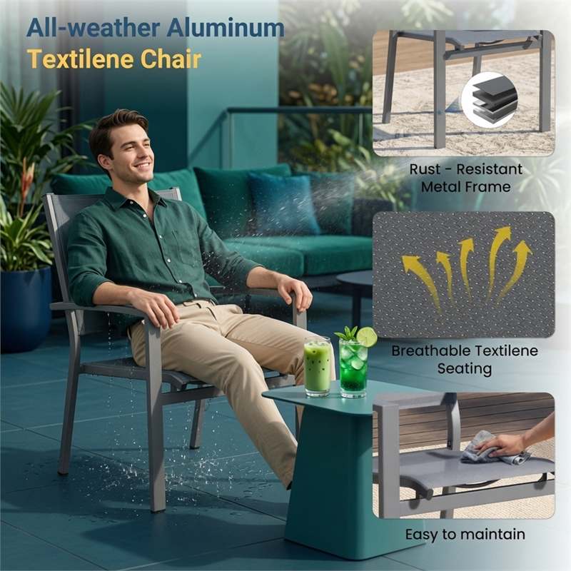 Heavy Duty Metal Grey Outdoor Patio - All Weather Textilene (Set of 6)