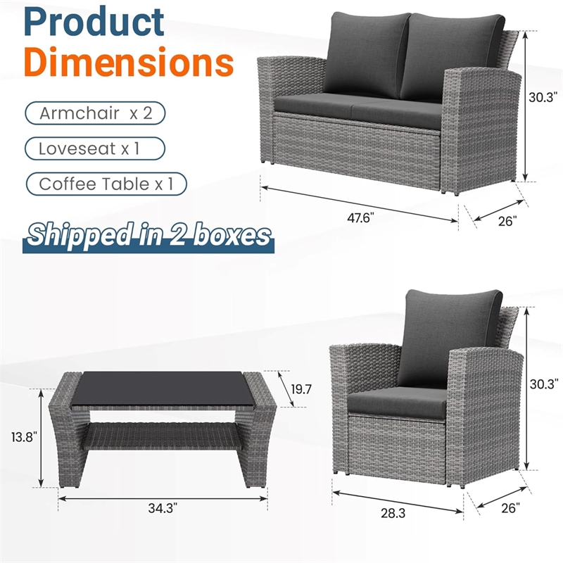 4-Piece Wicker Patio Conversation Set with Glass Table and Black Cushions