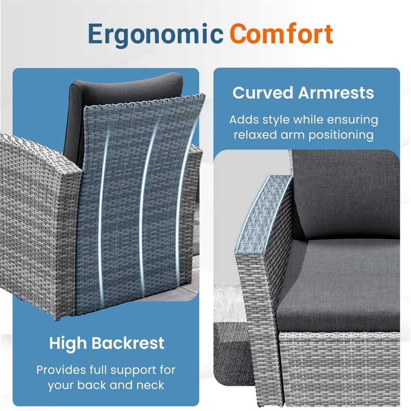 4-Piece Wicker Patio Conversation Set with Glass Table and Black Cushions