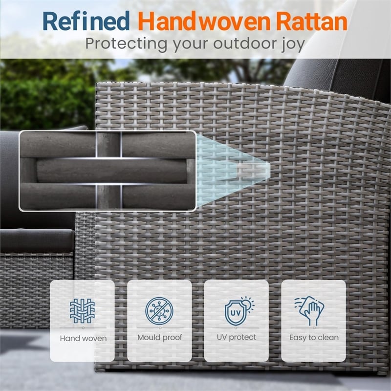 4-Piece Wicker Patio Conversation Set with Glass Table and Black Cushions