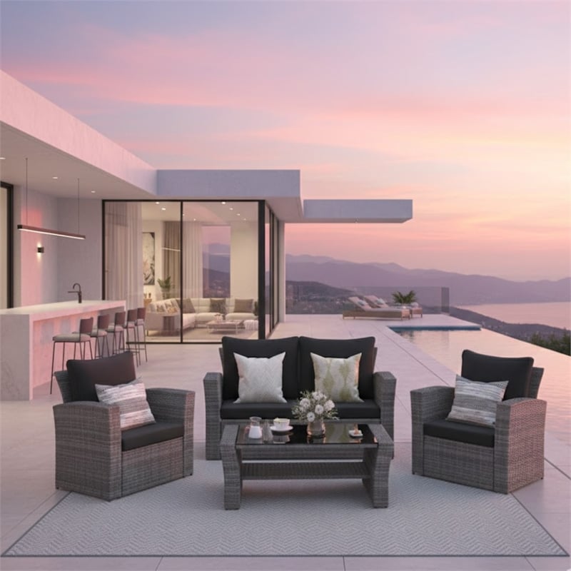 4-Piece Wicker Patio Conversation Set with Glass Table and Black Cushions