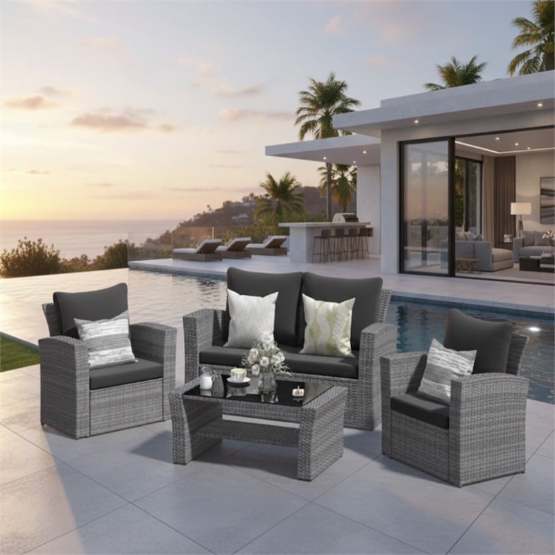 4-Piece Wicker Patio Conversation Set with Glass Table and Black Cushions