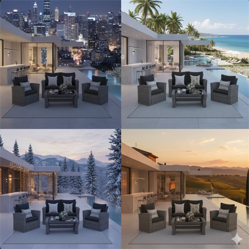 4-Piece Wicker Patio Conversation Set with Glass Table and Black Cushions