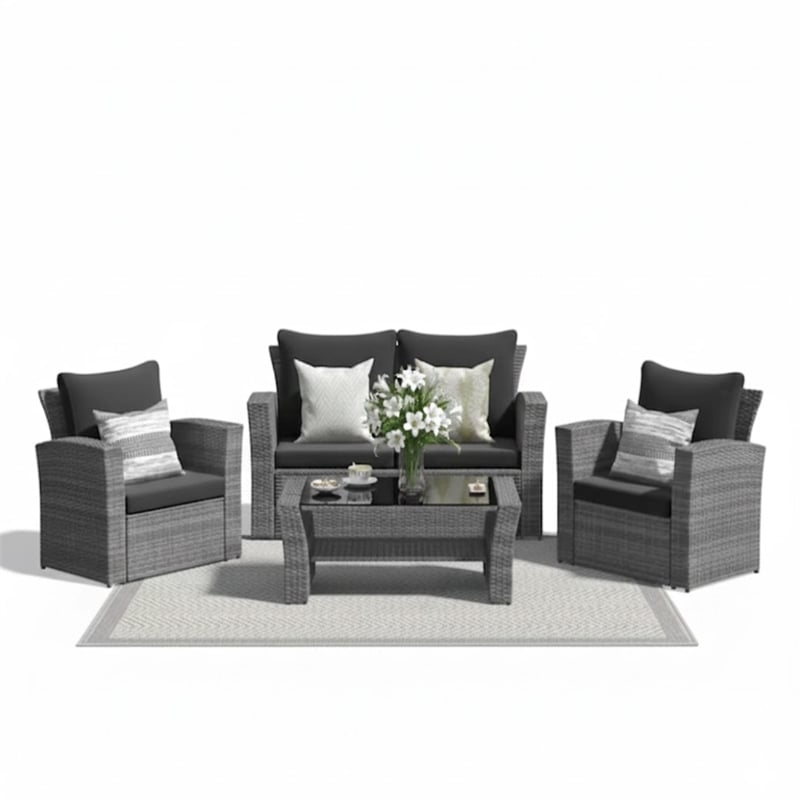 4-Piece Wicker Patio Conversation Set with Glass Table and Black Cushions