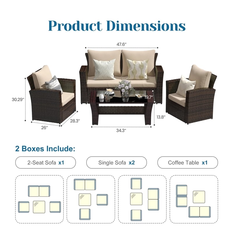 4-Piece All Weather Wicker Patio Conversation Set - Brown Cushions