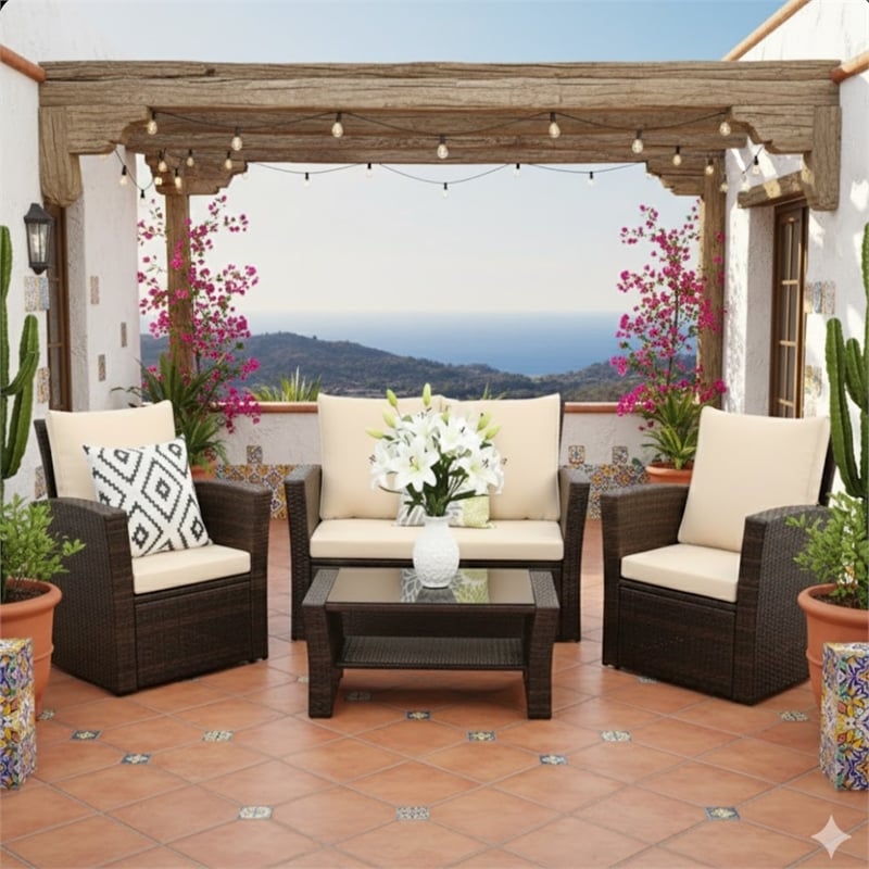 4-Piece All Weather Wicker Patio Conversation Set - Brown Cushions