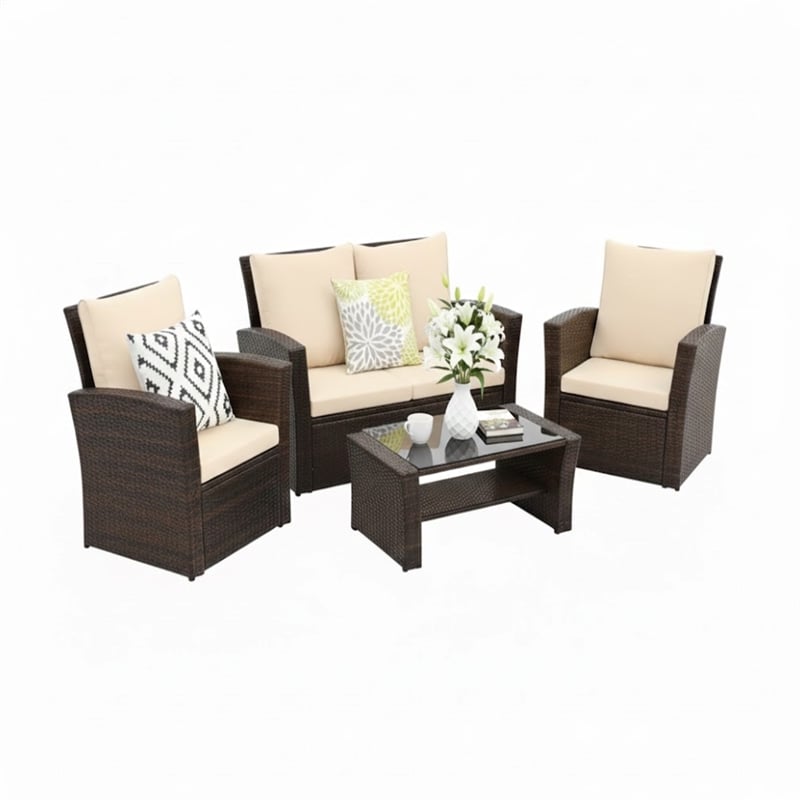 4-Piece All Weather Wicker Patio Conversation Set - Brown Cushions