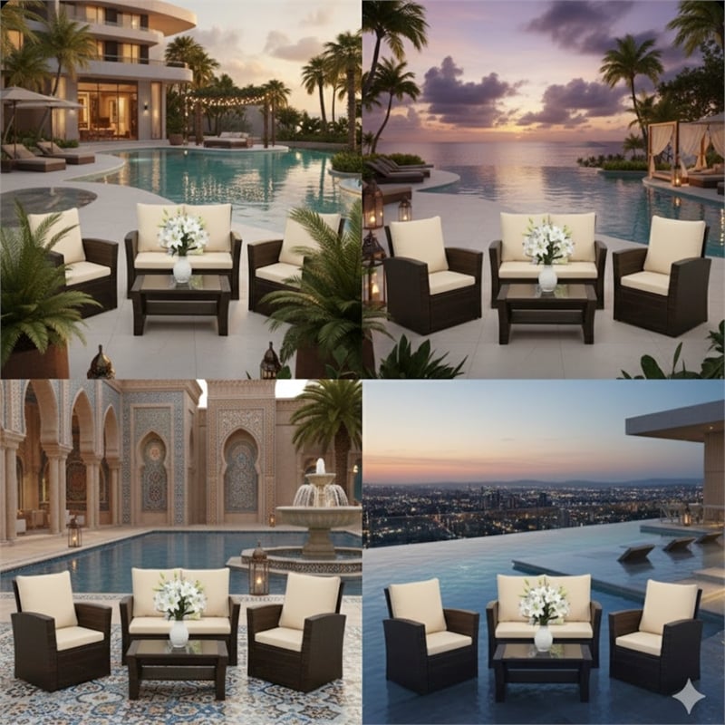 4-Piece All Weather Wicker Patio Conversation Set - Brown Cushions