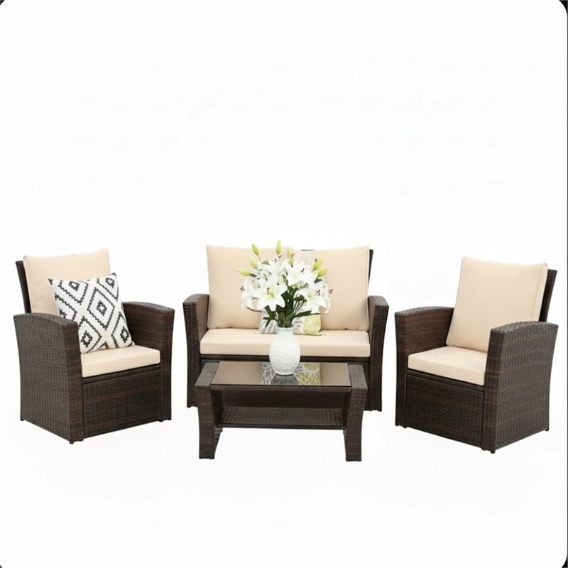 4-Piece All Weather Wicker Patio Conversation Set - Brown Cushions