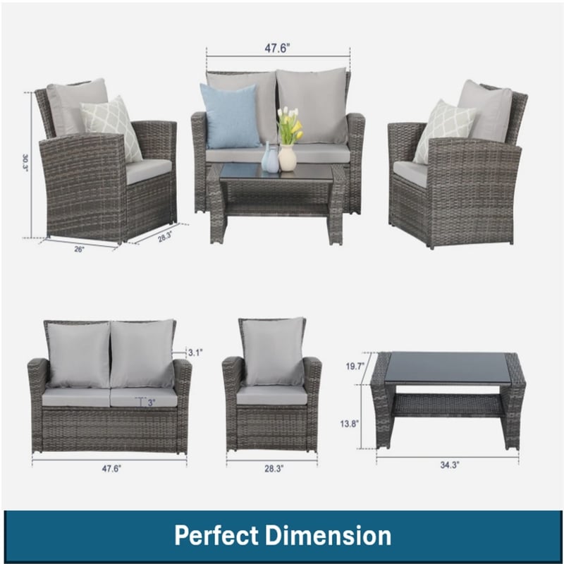 4-Piece All Weather Wicker Patio Conversation Set - Gray Cushions