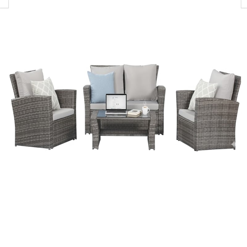 4-Piece All Weather Wicker Patio Conversation Set - Gray Cushions