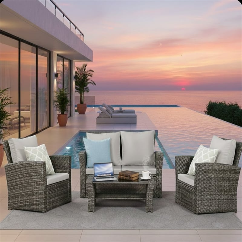 4-Piece All Weather Wicker Patio Conversation Set - Gray Cushions