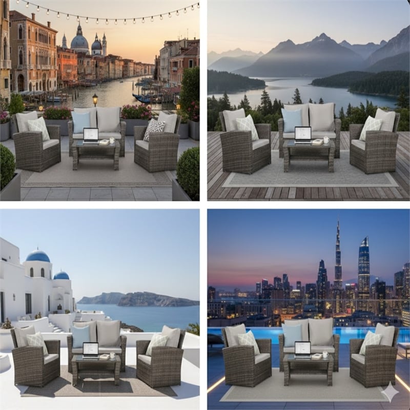 4-Piece All Weather Wicker Patio Conversation Set - Gray Cushions