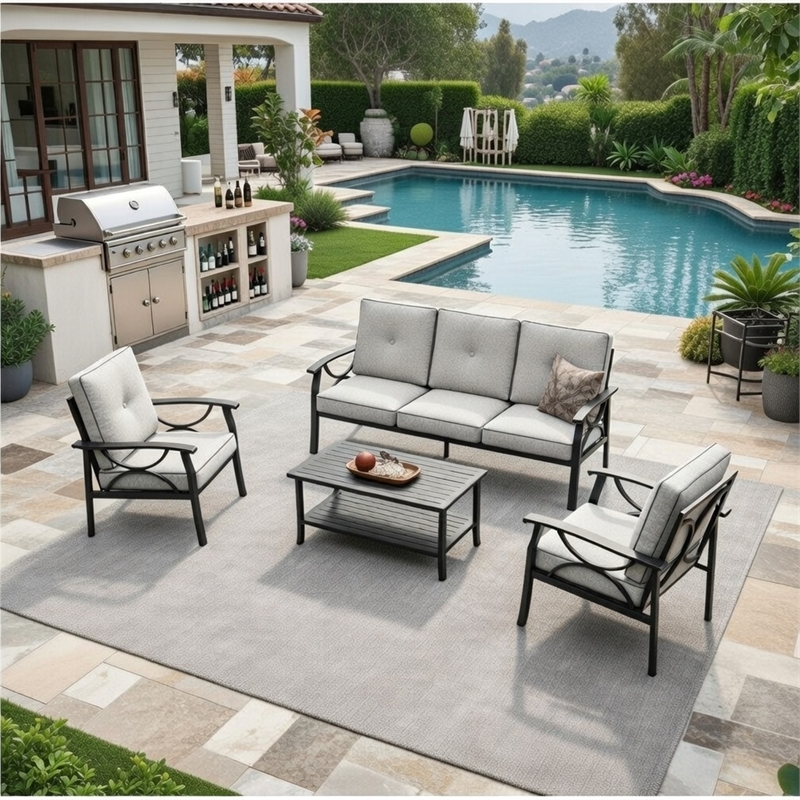 4-Piece Metal Patio Furniture Set - 5-Seat All-Weather Conversation Sofa
