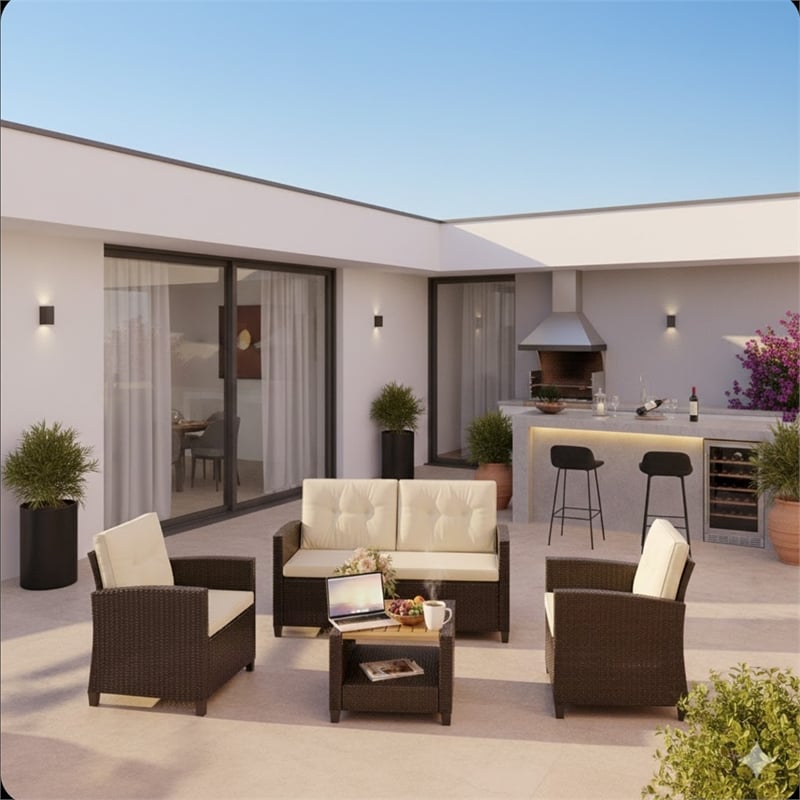 4-Piece All Weather Wicker Outdoor Patio Conversation Set - Beige Cushions