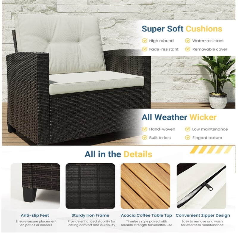 4-Piece All Weather Wicker Outdoor Patio Conversation Set - Beige Cushions