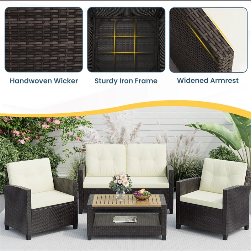 4-Piece All Weather Wicker Outdoor Patio Conversation Set - Beige Cushions