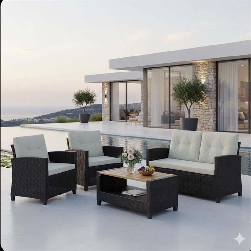 4-Piece All Weather Wicker Outdoor Patio Conversation Set - Beige Cushions