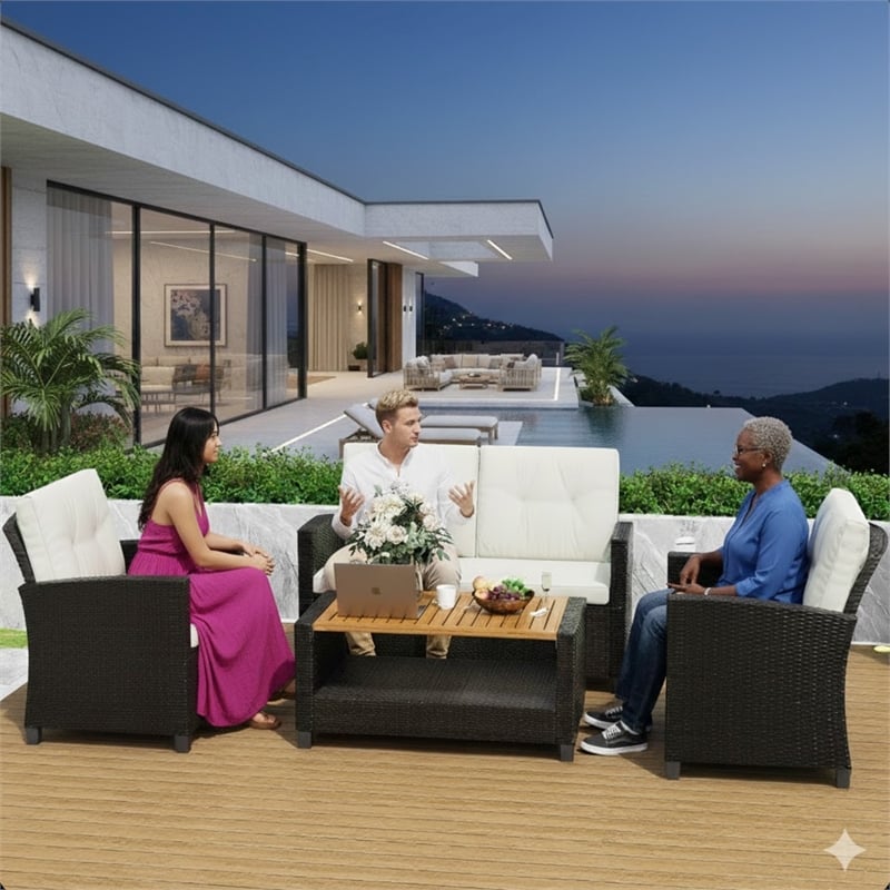 4-Piece All Weather Wicker Outdoor Patio Conversation Set - Beige Cushions