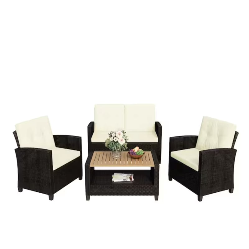 4-Piece All Weather Wicker Outdoor Patio Conversation Set - Beige Cushions