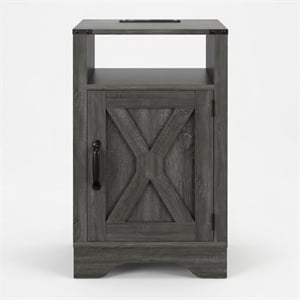 16&quot Dark Grey Farmhouse Nightstand with Charging Station & Storage