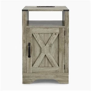 16&quot Light Grey Farmhouse Nightstand with Charging Station & Storage