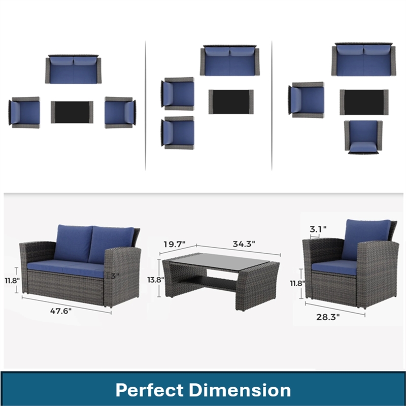 4-Piece Wicker Patio Conversation Set with Glass Table and Blue Cushions