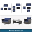 4-Piece Wicker Patio Conversation Set with Glass Table and Blue Cushions