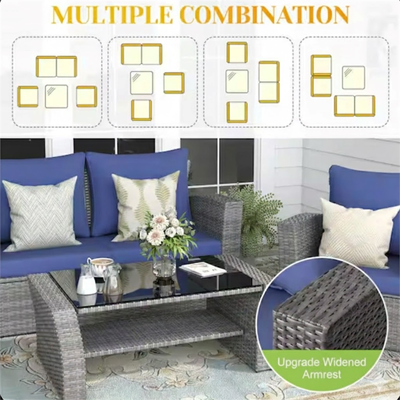4-Piece Wicker Patio Conversation Set with Glass Table and Blue Cushions