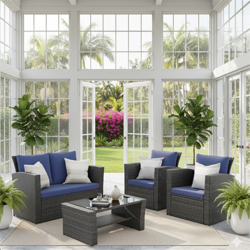 4-Piece Wicker Patio Conversation Set with Glass Table and Blue Cushions