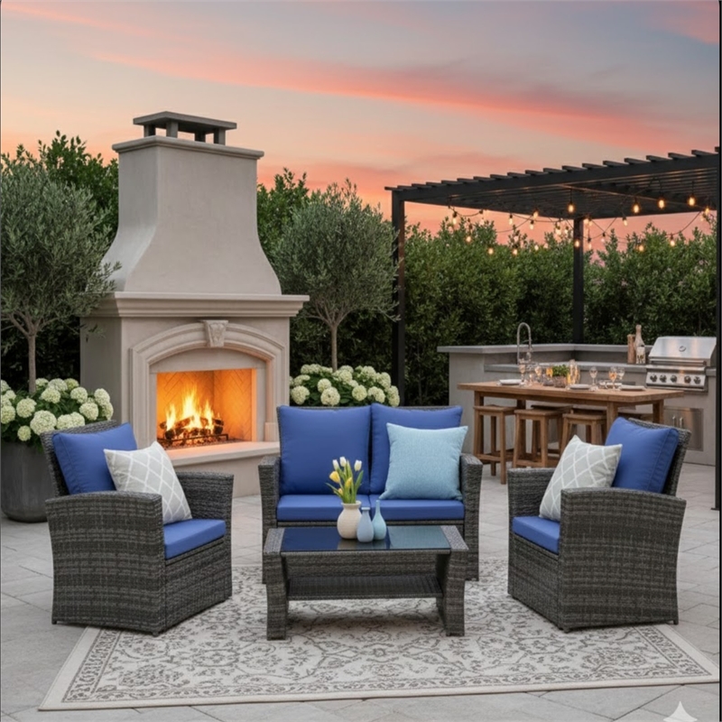 4-Piece Wicker Patio Conversation Set with Glass Table and Blue Cushions