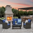 4-Piece Wicker Patio Conversation Set with Glass Table and Blue Cushions