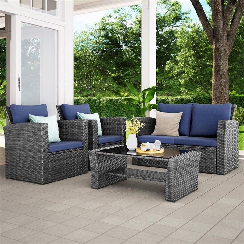 4-Piece Wicker Patio Conversation Set with Glass Table and Blue Cushions