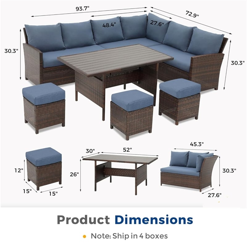 7 Piece Wicker Patio Dining Set 9-Seat Outdoor Sectional Blue Cushions Sofa